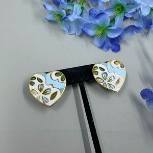 Cloisonné Style Heart Floral Enamel Stud Earrings in Light Blue and Green